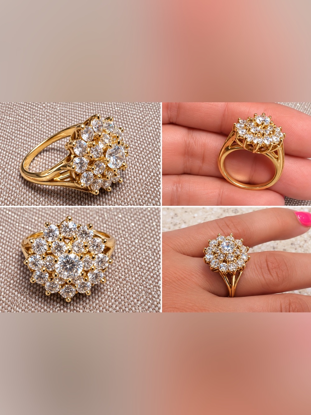 14 K Gold Floral Cluster Ring with Crystals - Women Jewelry